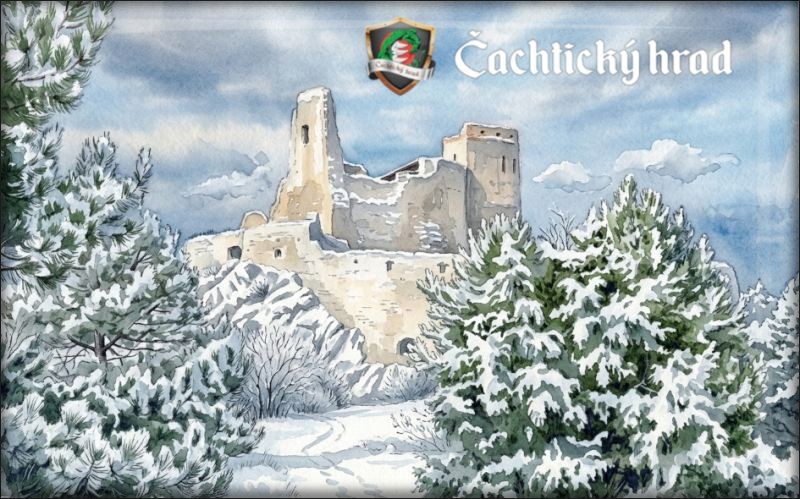 Živicová magnetka - Čachtický hrad - akvarel V.