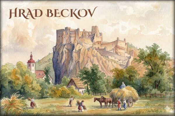 Živicová magnetka - Hrad Beckov I – akvarel podľa L. Rohbocka