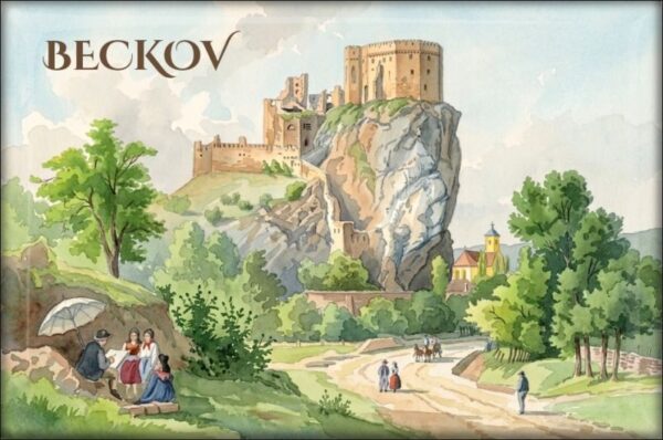 Živicová magnetka - Hrad Beckov II – akvarel podľa L. Rohbocka