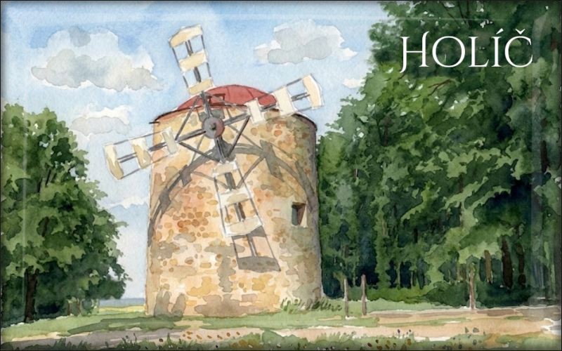 Živicová magnetka - Holíč - Veterný mlyn - akvarel