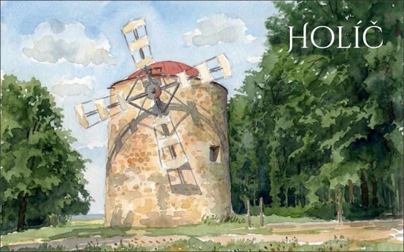 Živicová magnetka - Holíč - Veterný mlyn - akvarel – Obrázok 2